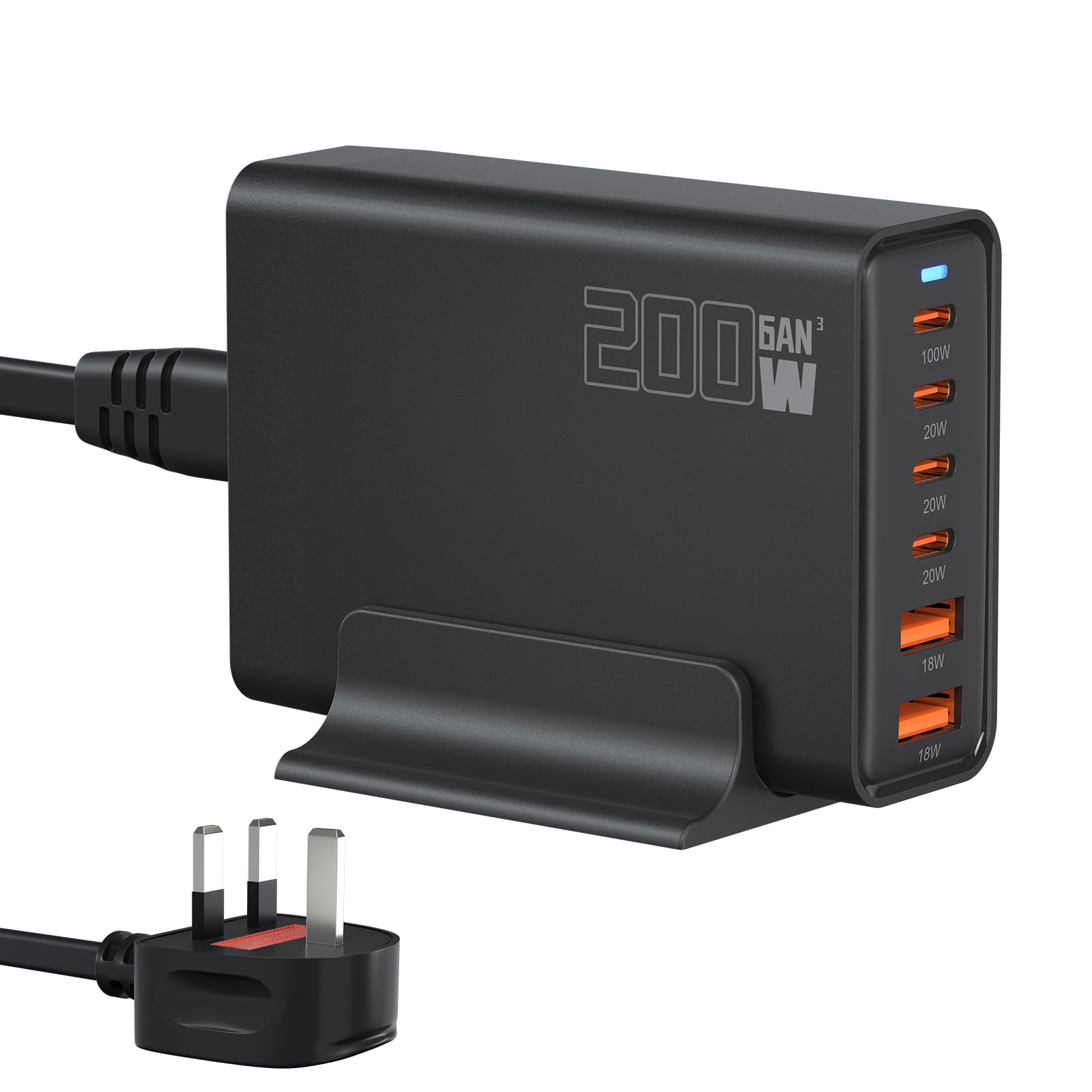 200W 6-Port USB Charging Station, PD 100W 65W 45W 20W 18W USB C GaN III Charger Laptop & Phone Fast Charger Plug