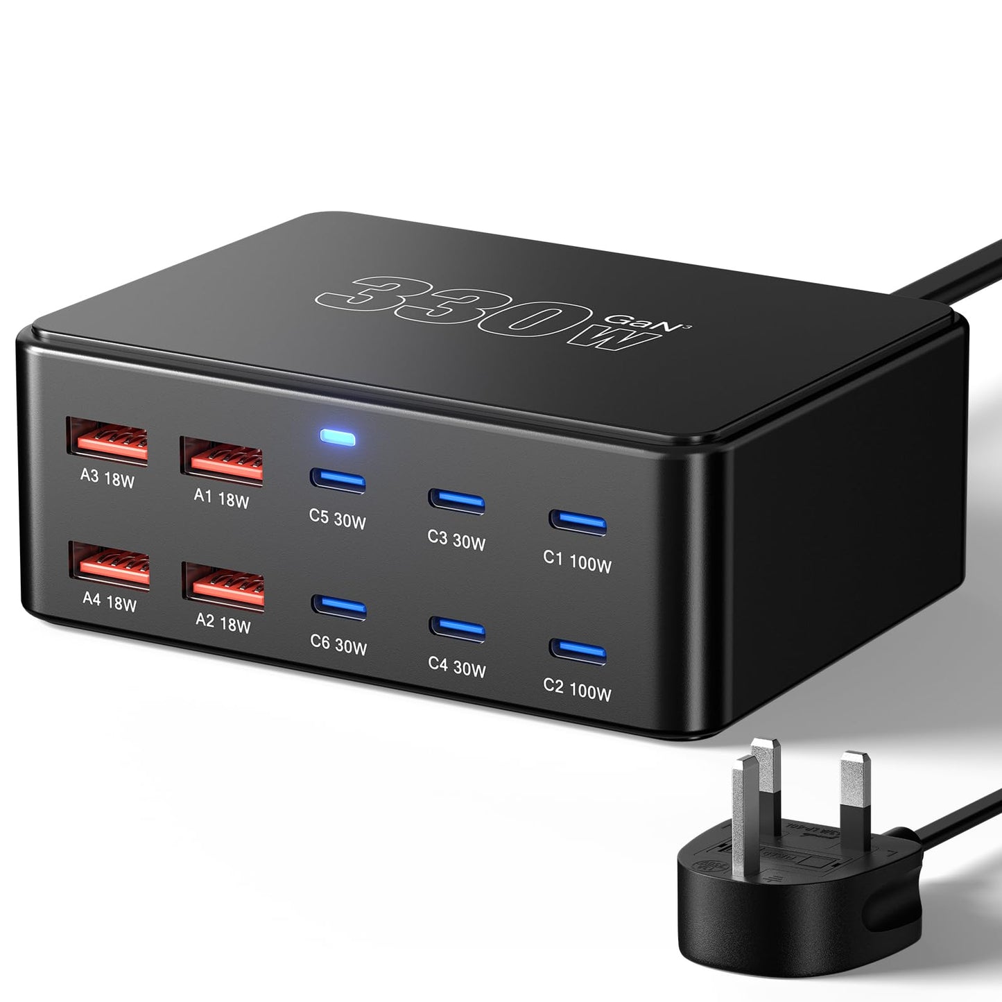 330W 10-Port USB Charging Station, PD 100W 65W 45W 30W 20W 18W USB C GaN III Charger Laptop & Phone Fast Charger Plug