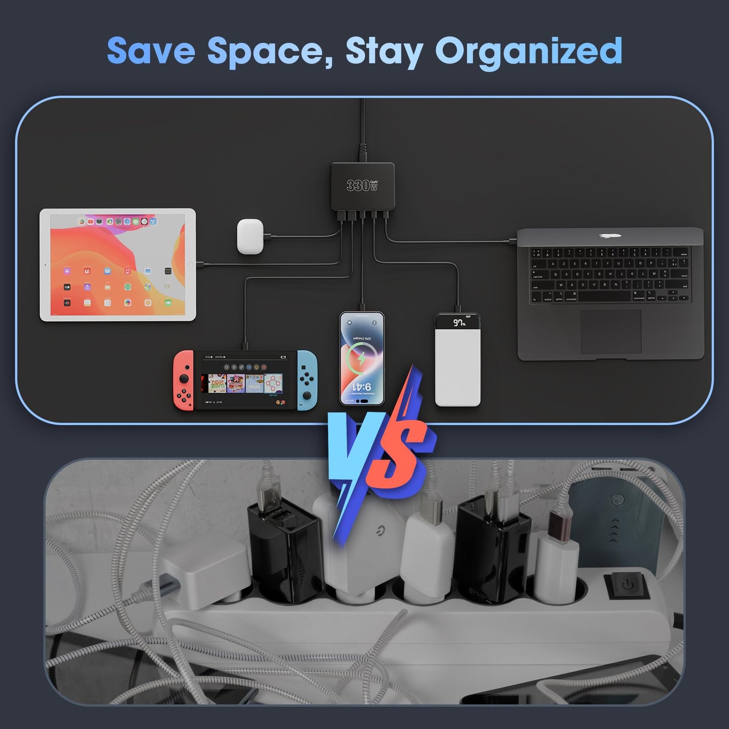 330W 10-Port USB Charging Station, PD 100W 65W 45W 30W 20W 18W USB C GaN III Charger Laptop & Phone Fast Charger Plug