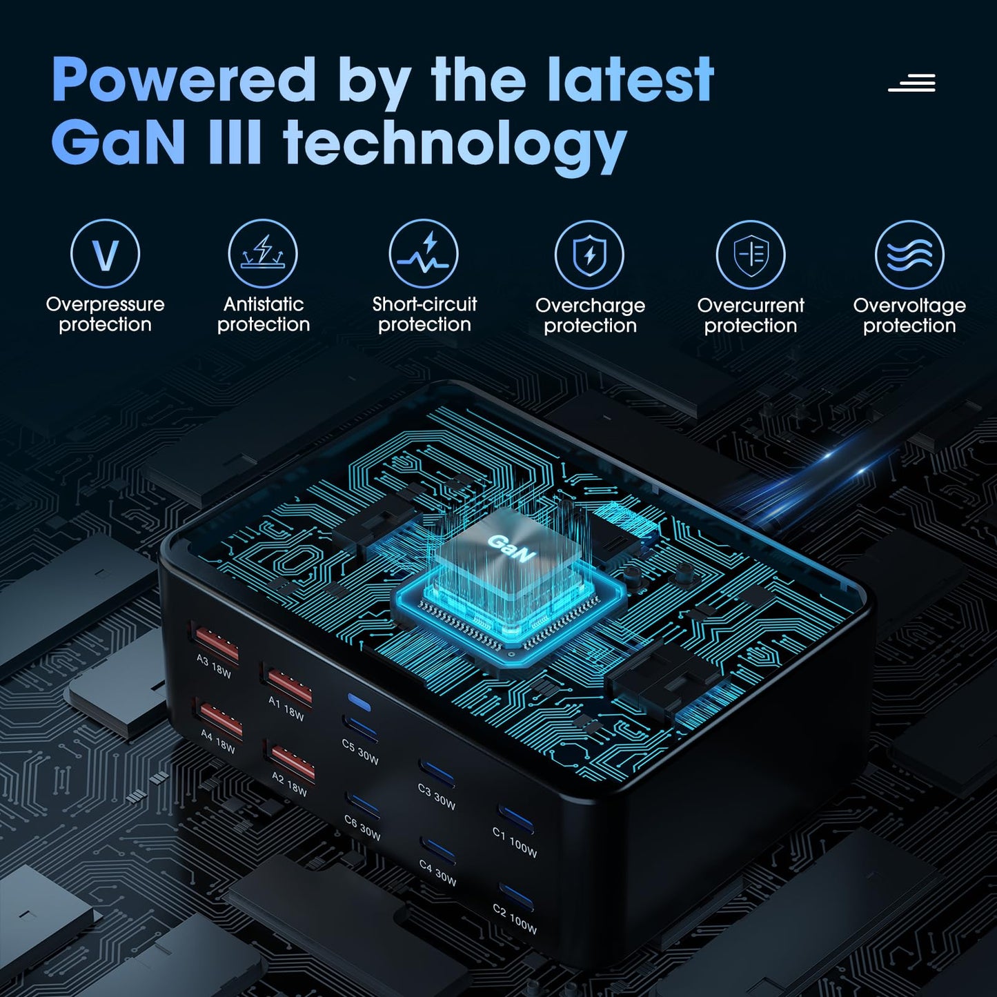 330W 10-Port USB Charging Station, PD 100W 65W 45W 30W 20W 18W USB C GaN III Charger Laptop & Phone Fast Charger Plug