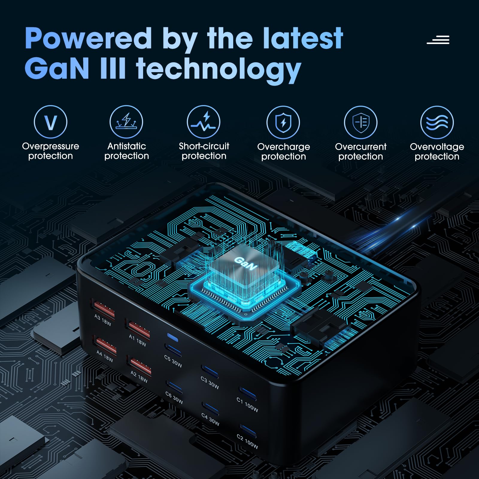 330W 10-Port USB Charging Station, PD 100W 65W 45W 30W 20W 18W USB C GaN III Charger Laptop & Phone Fast Charger Plug