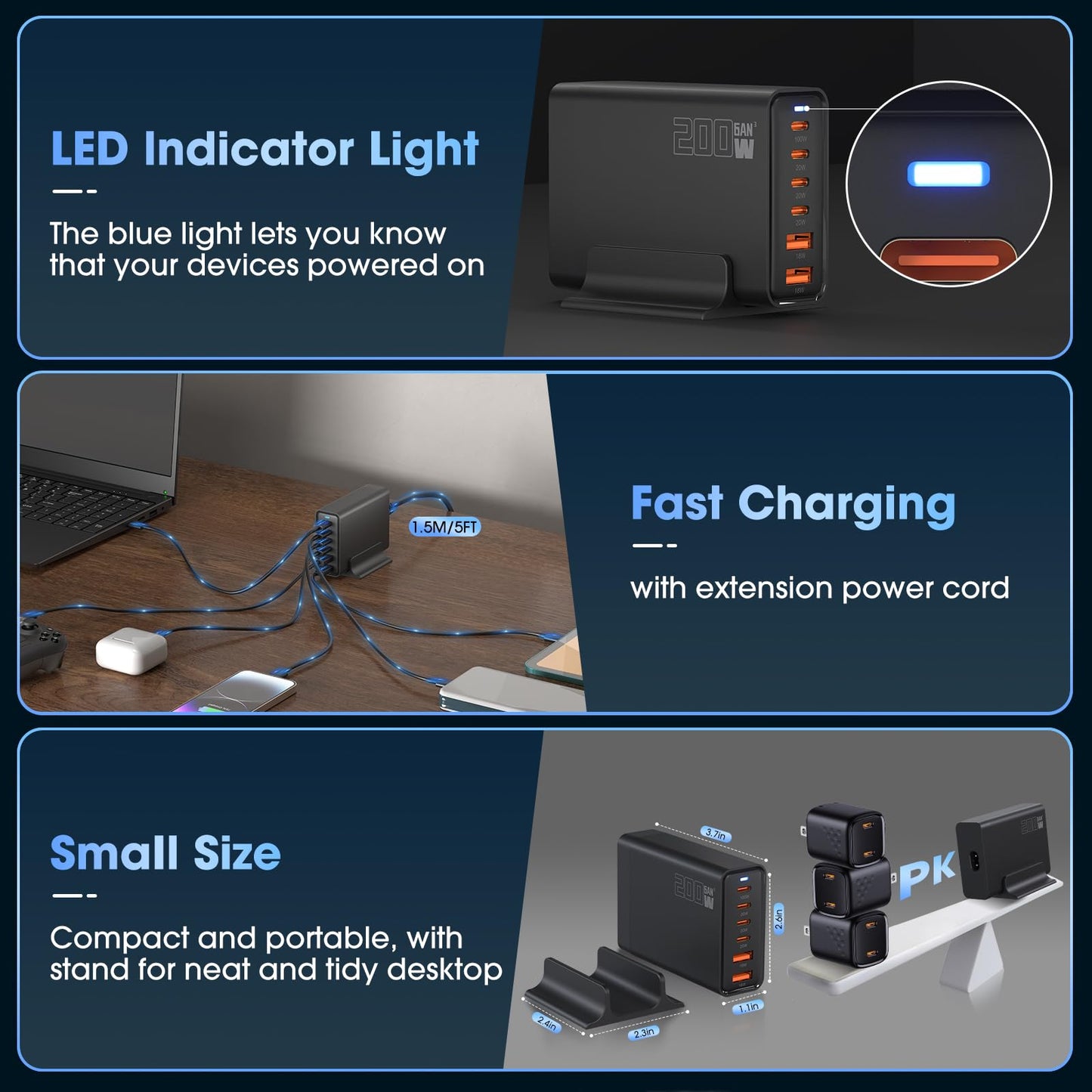 200W 6-Port USB Charging Station, PD 100W 65W 45W 20W 18W USB C GaN III Charger Laptop & Phone Fast Charger Plug
